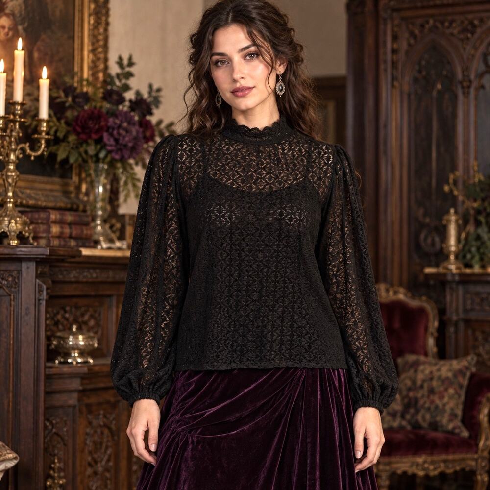 Loft Lace Mock Neck Womens Top Sz M Whimsigoth Dark Coquette Victorian Romantic